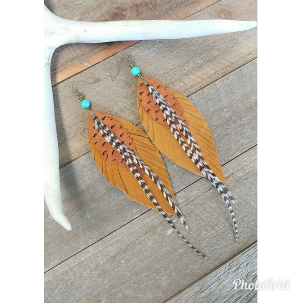 Leather Feathers/ boho earrings/ leather earrings/ western earrings/ gypsy earrings/ feather earrings/ wedding earrings/ hippie earrings