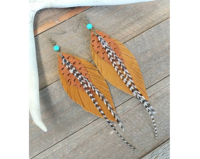 Leather Feathers, boho earrings, leather earrings, western earrings, feather earrings, rodeo earrings, autumn earrings, tan leather earring