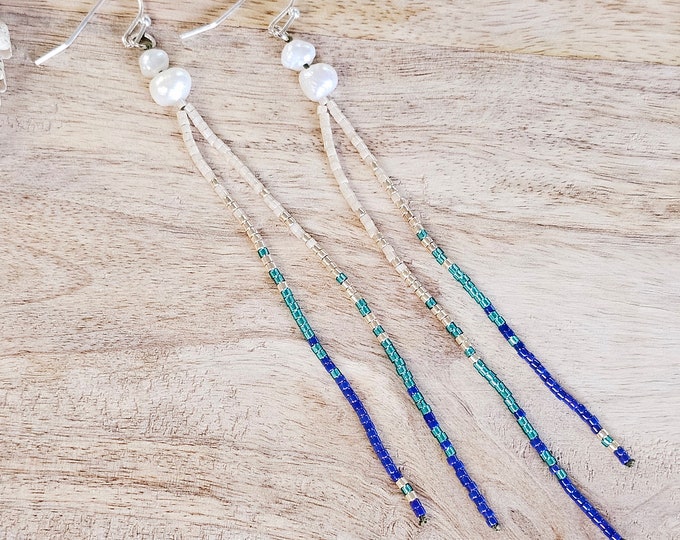 Pearl Beaded Earrings: Long Royal Blue Seed Bead Dangles