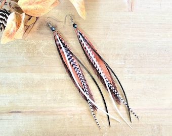 Long Leather Feather Earrings, Boho Statement Jewelry, feather earrings, brown leather earrings