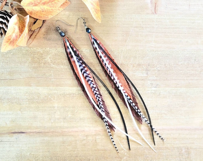 Leather Feather Earrings, leather earring, feather earring, statement earring, boho earring, natural feather earrings, long leather earrings