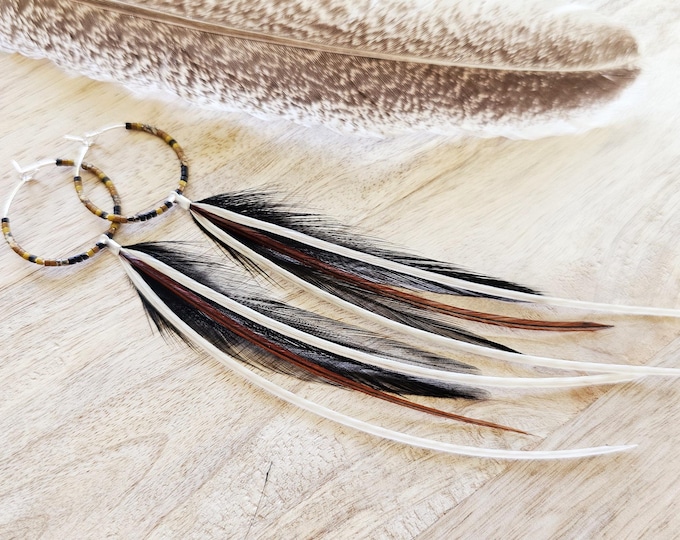 Beaded Feather Earrings: black feather earring, seed bead hoops, seed bead jewelry, black boho earring, black western earring, feather hoops