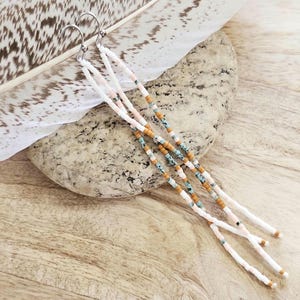 Long Seed Bead Earrings: turquoise seed bead earring, white seed bead earring, boho beaded jewelry, long boho earring, ombre beaded jewelry