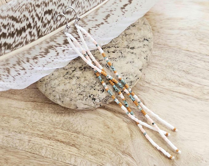 Long Seed Bead Earrings: turquoise seed bead earring, white seed bead earring, boho beaded jewelry, long boho earring, ombre beaded jewelry