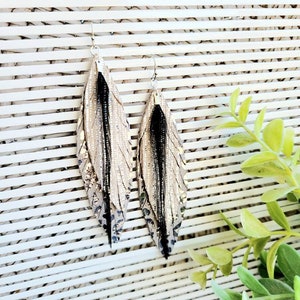 Leather Feather earring, leather feathers, leather earrings, feather earrings, silver leather earring, fringe earrings, western glam earring