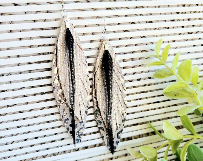 Leather Feather earring, leather feathers, leather earrings, feather earrings, silver leather earring, fringe earrings, western glam earring