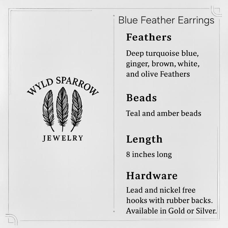 May include: Image of Blue Feather Earrings. The earrings feature deep turquoise, ginger, brown, white, and olive feathers, along with teal and amber beads. The earrings are 8 inches long.