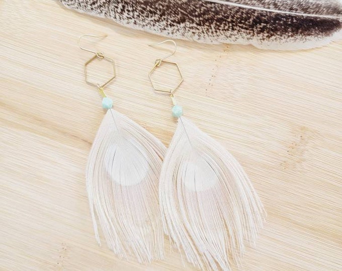 Peacock Feather Earrings, feather earrings, boho earrings, wedding earrings, cream feather earrings, cream boho earrings, amazonite earring