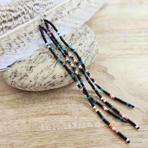 Long beaded earrings, seed bead earrings, patterned beaded earrings, teal boho beaded earring, western fringe earring, black beaded jewelry