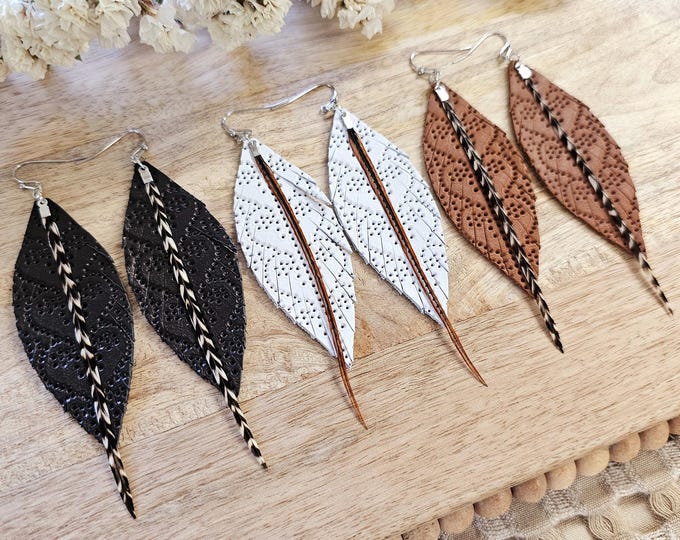 Leather Feather Earrings, feather earrings, leather earrings, real leather earrings, boho earrings, western earrings, heart earrings, gifts