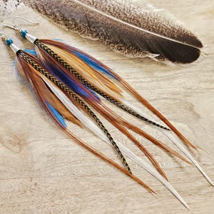 May include: Long feather earrings with brown, blue, and white feathers. The earrings have silver hooks and small blue beads. A large feather rests nearby on a wooden surface.