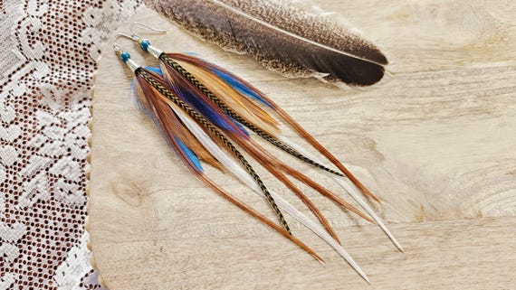 Blue Feather Earrings, blue boho jewelry, long feather earrings, brown and blue jewelry, western accessories