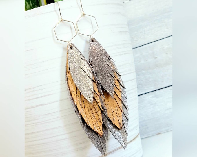 Shimmer leather earrings/ silver leather earrings/ southwestern earrings/ western earrings/ statement earrings/ gold leather earrings/ gift