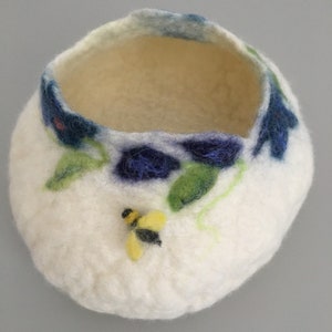 Ecru Felted Vessel with Blue Flowers and Honey Bee