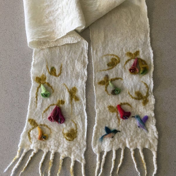 Nuno and Needle Felted Hummingbird Scarf in Wool and Silk