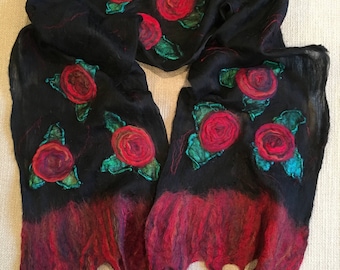 Black Felted Shawl / Scarf with Red Roses