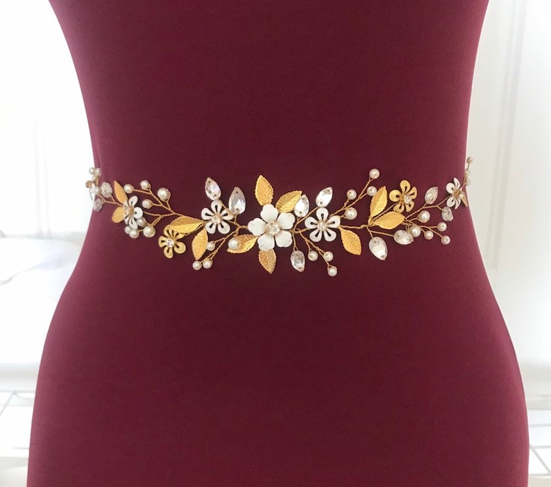 Gold Bridal Vine Sash Boho Floral Sash Gold Leaf White Etsy