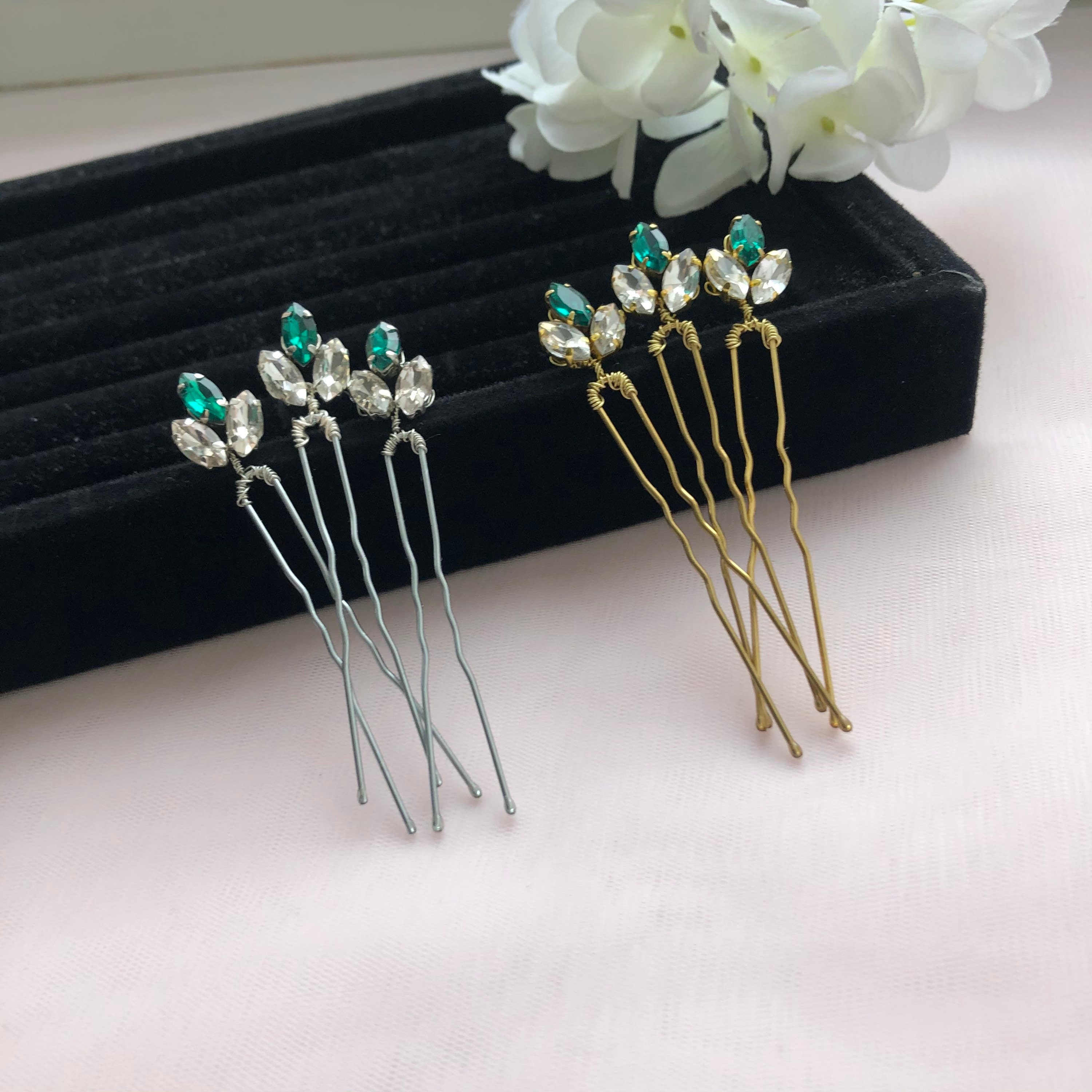 Set of 3 Emerald Hair Pins Emerald Hair Pins Green Rhinestone Etsy UK