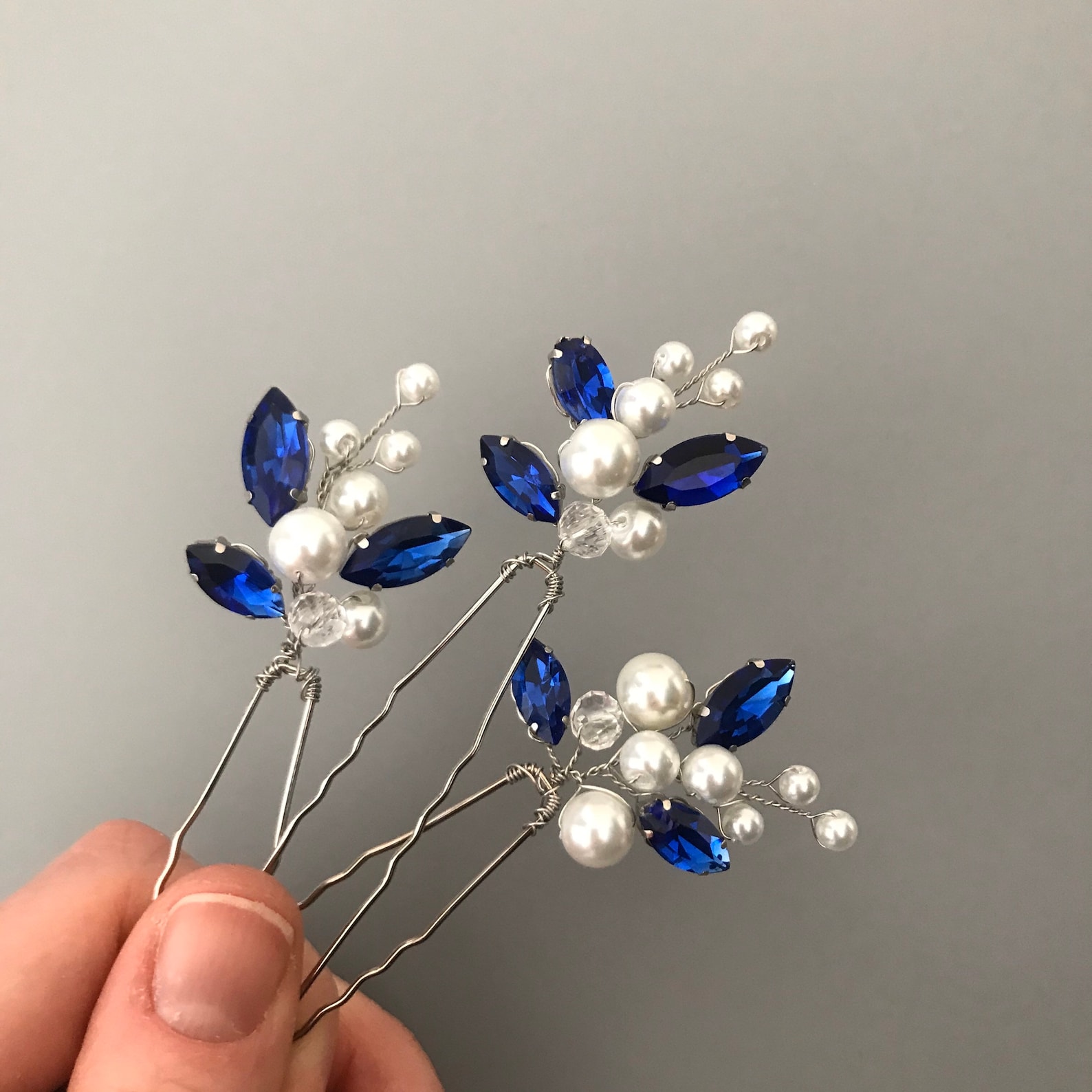 Set of 3 blue hair pins Blue crystal hair pins Blue Etsy