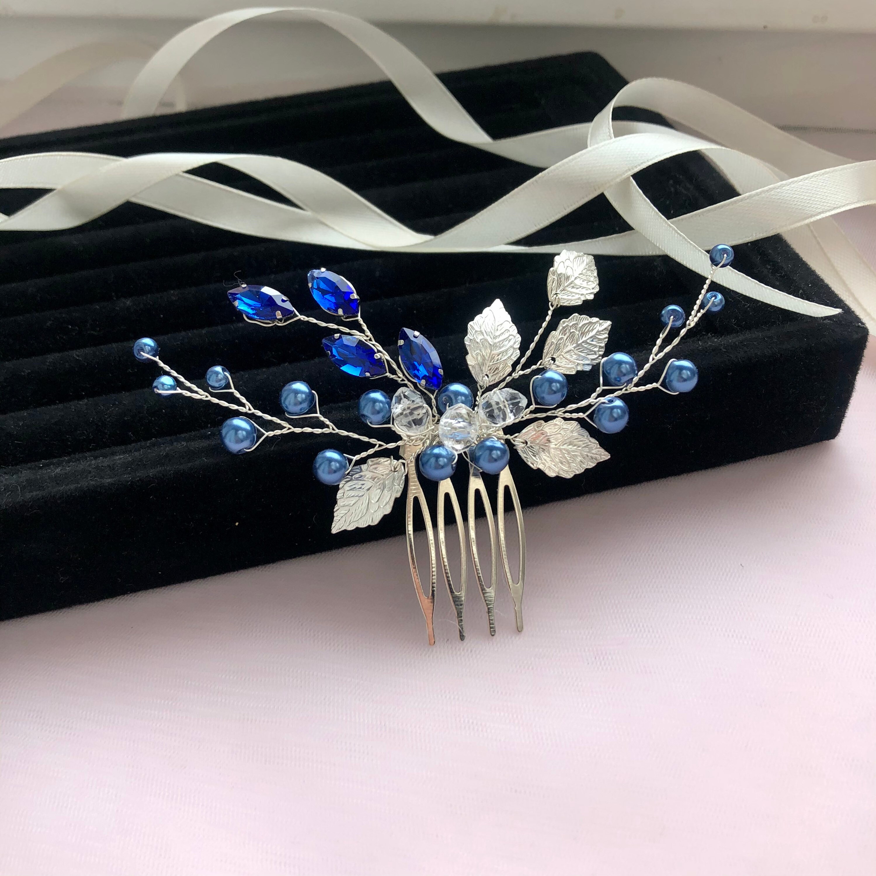 Blue bridal hair comb Royal blue hair comb Blue silver hair Etsy