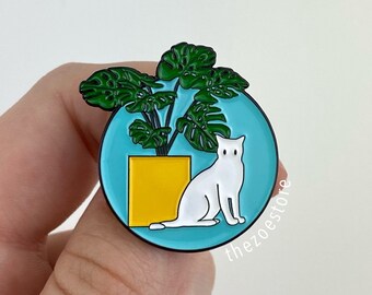 Cat and Plant Enamel Pin, Gray Cat, Soft Enamel Pin, Original, Collectable, White cat, Cat lover, Animal