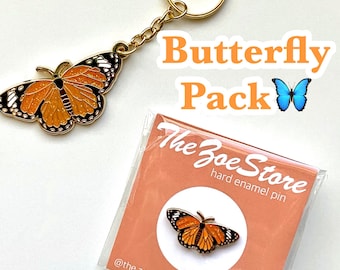 Butterfly Pin and Keychain Gift Set, Enamel Pin, Glitter Monarch Butterfly, Present