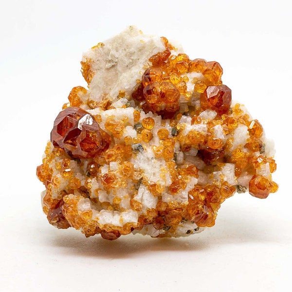 Multiple orange Garnet var Spessartine rhombic dodecahedron crystals, Clinochlore on Feldspar & Smoky Quartz from China