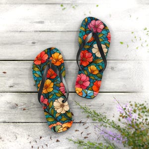 Stained Glass Flip Flops, Colorful Summer Sandals, Beach Vacation Footwear, Boho Chic Thong Slippers, Unique Poolside Shoes, Patterned