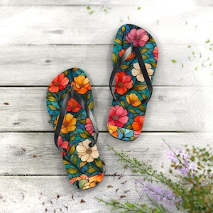 Stained Glass Flip Flops, Colorful Summer Sandals, Beach Vacation Footwear, Boho Chic Thong Slippers, Unique Poolside Shoes, Patterned