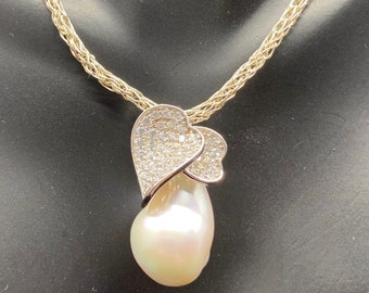 Jumbo Baroque Pearl with Cubic Zirconia Leaves Necklace