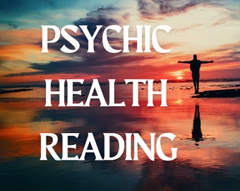 Op de afbeelding: Een silhouet van een persoon met uitgestrekte armen tegen een kleurrijke zonsondergang met de tekst "PSYCHIC HEALTH READING" in wit.