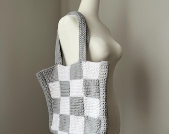Handmade Crochet Checkered Tote Bag – Retro Checkerboard Purse, Boho Crochet Shoulder Bag, Everyday Market Bag, Gift for Her