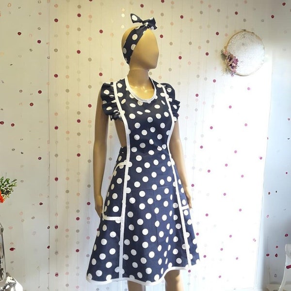 Womens schort in retro stijl, blauwe en witte Polka Dot schort, Rockabilly schort, verjaardagscadeau voor beste vriend