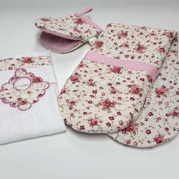 Double Oven Mitt and Potholder Gift Set in Lovely Cottagecore Roses Print, Embroidered Hand Towel, New Home Owners Gift Set