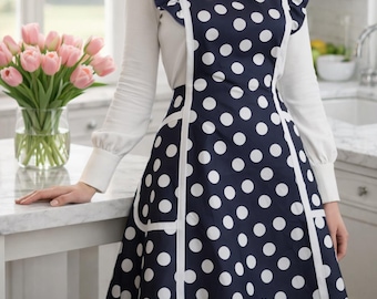 Vintage 50s Style Full Apron / Pinny – Black & White Spot With Pink Trim, One Size