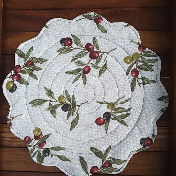 Sets of Quilted Placemats in Olive Print, Quilted Table Toppers, Mediterranean Decor, Gift For New Home Owners