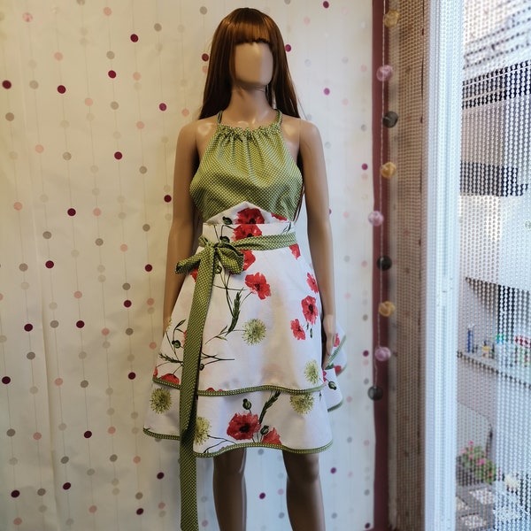 Pin-Up Hostess Apron in lovely Poppy Print, Adjustable Bib Apron, Double Skirt Green Apron, Birthday Gift for Poppy lovers, Mothers Day Gift