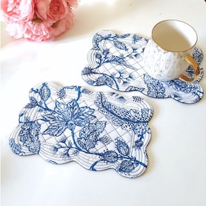 Quilted Mug Rugs in Blue and White, Set Of Two Coasters with Scalloped Edge, Coffee Mug Rug Gift Set, Mothers Day Gift