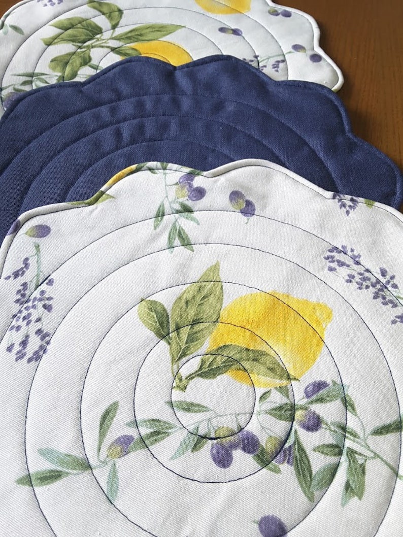 Round Quilted Placemats Lemon Print Place Mats Lemon Table Etsy