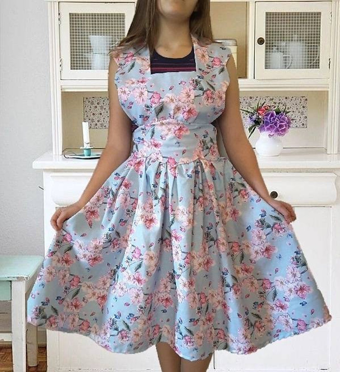 Apron Dress with Cherry Blossoms Print 50s Aprons For Women Etsy