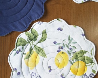 Round Quilted Placemats, Lemon Print Place Mats, Lemon Table Decor, Housewarming Gift
