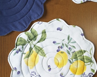Manteles individuales redondos acolchados con motivos de limón, decoración de mesa italiana