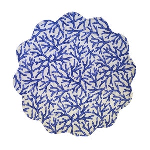 Blue Coral Print Placemats: Coastal Quilted Round Linen Table Decor