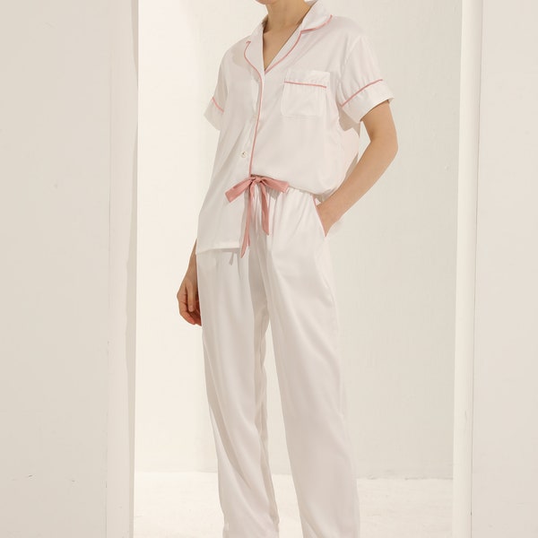 White Short sleeve with long pants satin pyjamas, Bridesmaid pyjamas, Bridal party gifts pyjamas