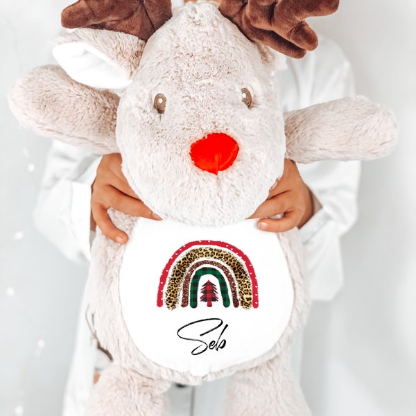 Personalisierter Weihnachtsteddy, Weihnachtsgeschenk, Regenbogen-Teddy, Rentier-Teddy, Stofftier, Weihnachtsplüschtier, Baby-Strumpffüller