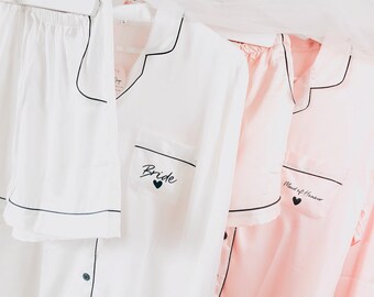 Bridal pyjamas, satin pjs, custom pyjamas, personalised pyjamas, wedding morning pjs, bridesmaid pjs, bridal robes