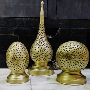 SET OFF 3 Brass Table Lamps , Moroccan handmade brass lamp, candlestick lamp shade