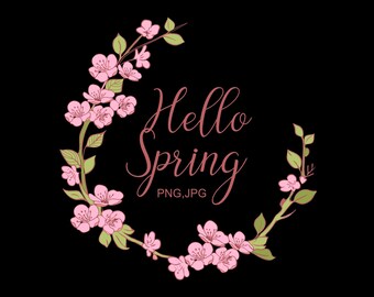 Imágenes prediseñadas de flores de manzano, ilustración botánica, descarga digital, flor de cerezo, corona de boda, Sakura rosa