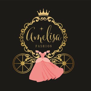 May include: A logo design featuring a gold crown and ornate frame with the name "Amelisa" and the word "FASHION" in gold lettering. A pink dress is in the center of the design, with gold wheels on either side, all set against a black background.