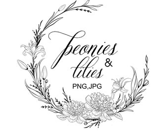 Corona de peonías y lirios florales PNG, dibujo a mano de ilustración de ramo de lirios, Descarga digital, Descarga instantánea, clip art botánico